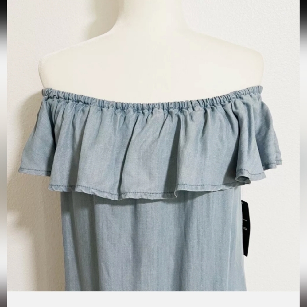 Lulus Standout Chambray Off Shoulder Ruffle Mini Dress Blue Lyocell Medium - Picture 8 of 11